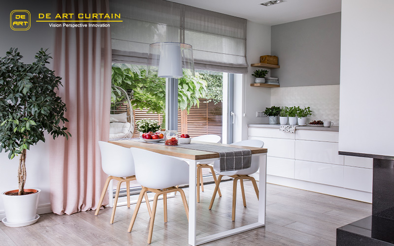 De Art Curtain roman blinds in a kitchen dining area.