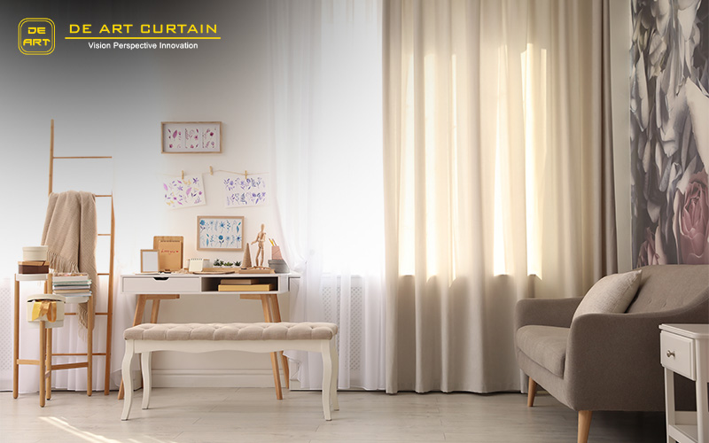Home office with window curtains and natural light filtering