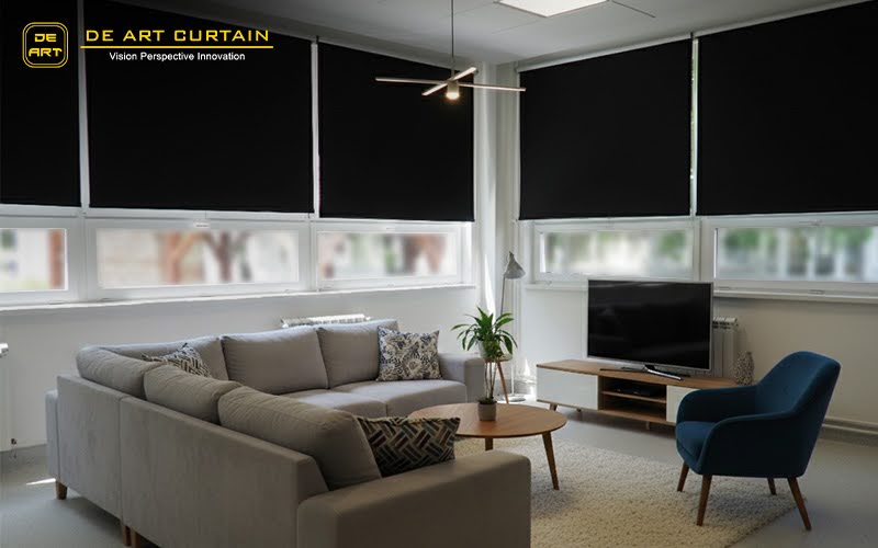 blackout roller blinds in the living room.