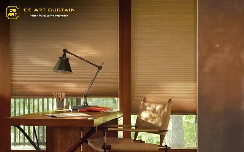 honeycomb blinds in a quiet home office.
