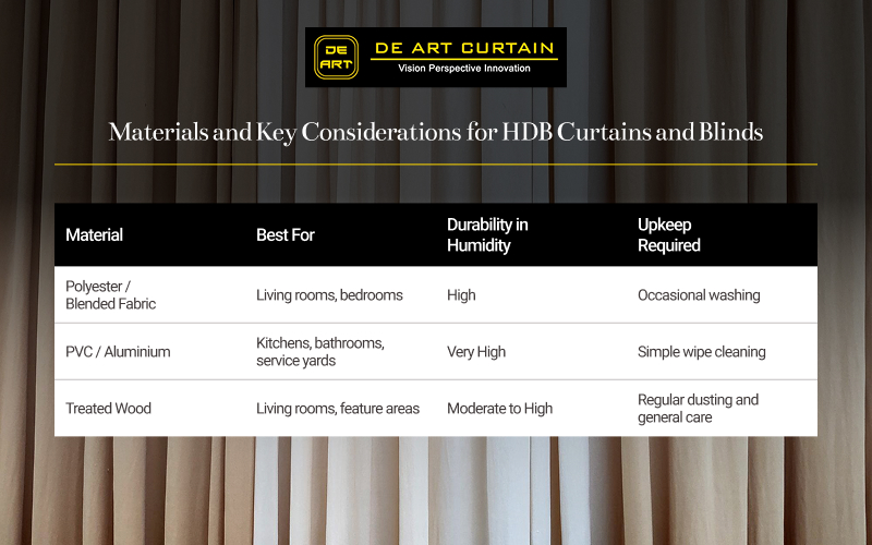Infographic comparing materials for HDB curtains and blinds.