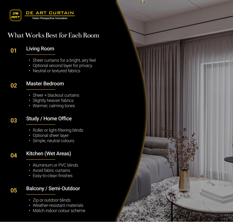 Infographic recommending curtain and blind types for HDB rooms.