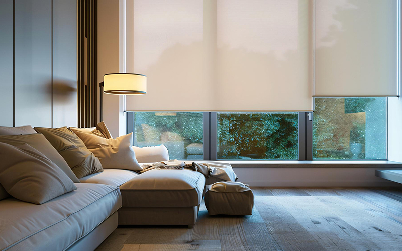 Minimalist living room with neutral roller blinds, a popular window treatment.