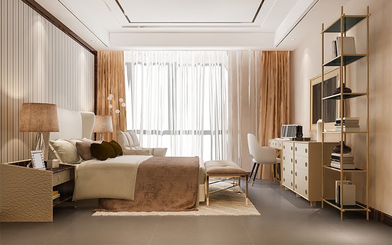 Modern bedroom with bed, desk, and shelving.