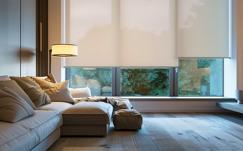 Modern living room with beige sectional sofa.