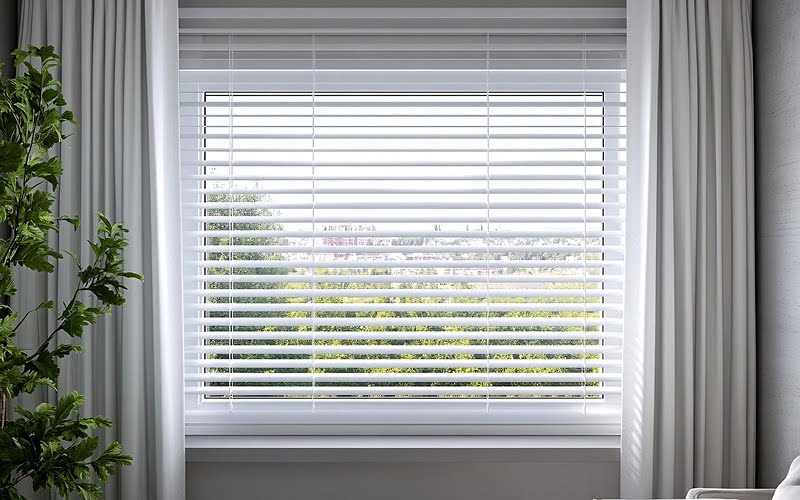 White Venetian blinds and side drapes for window replacement.
