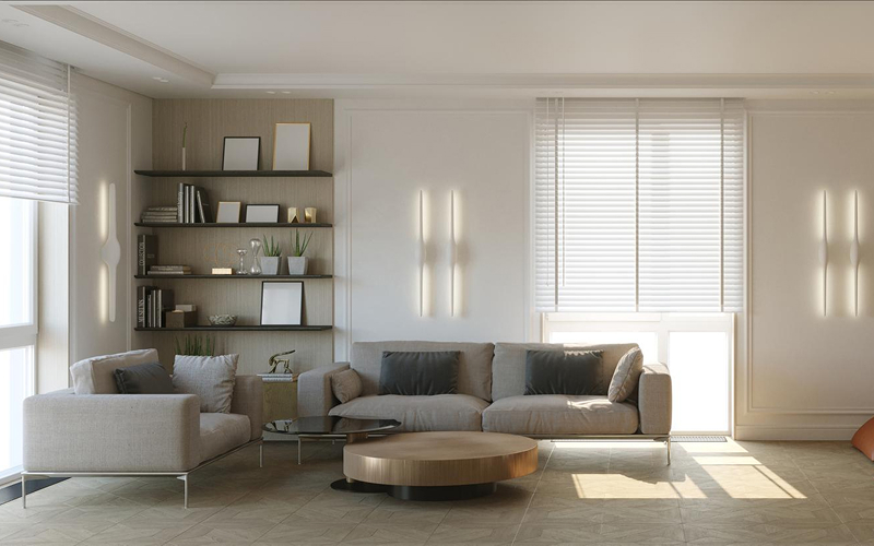 White Venetian blinds providing privacy in a minimalist HDB interior.