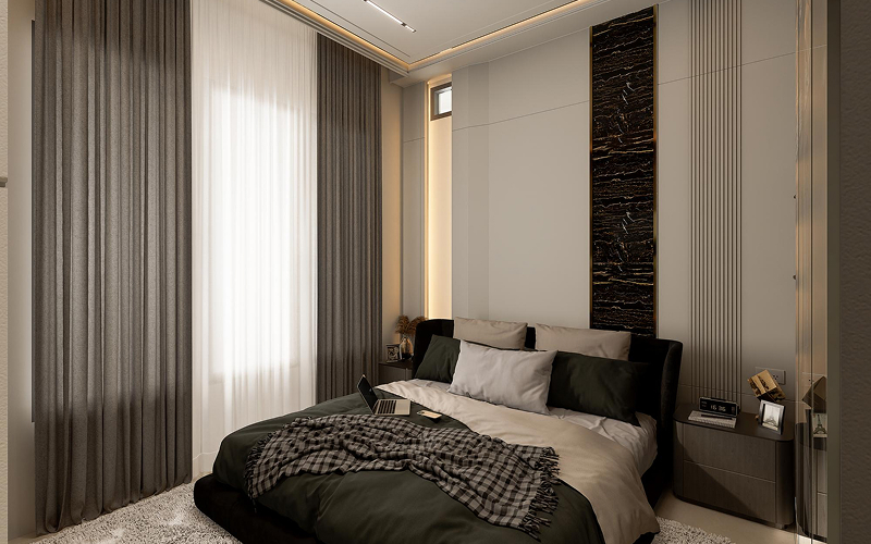 Layered curtains in a modern HDB bedroom.