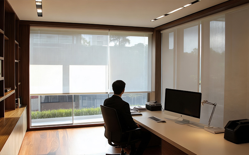 Rear view of a man sitting at desk