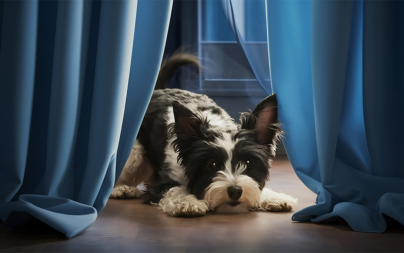 Dog hiding in a blue curtain in pet-friendly home.